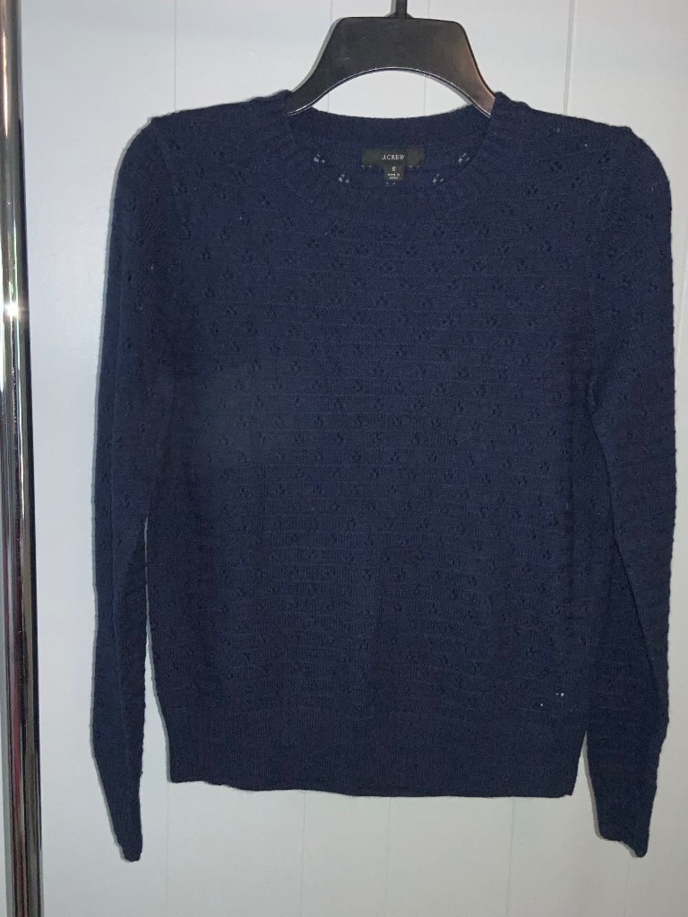 J Crew Women’s Pointelle wool alpaca blend Crew Neck Sweater Navy Blue Sz S